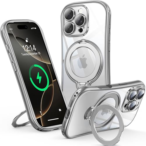 Reukdnv 360° Spin Magnetic Stand for iPhone 16 Pro Case [Full Camera Protection] [Fit for MagSafe] [Anti-Yellowing] Shockproof Protective Kickstand Plating TPU Cover for 16 Pro 6.3", Silver - color: Silver, size: iPhone 16 Pro