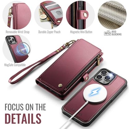 Defencase for iPhone 13 Pro Case Wallet Compatible with Magsafe, Wine Red | Drop-Proof Magnetic Detachable Phone Cases Cover, with RFID Bolcking Card Holder, Zipper Strap, PU Leather, Removable Wallet - color: (Detachable with Magsafe)-Wine Red