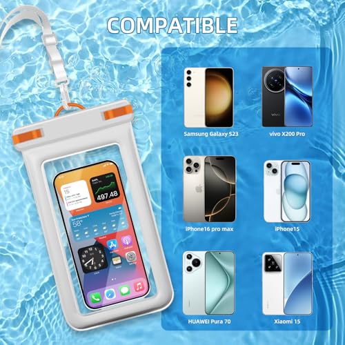 IPX8 Floating Waterproof Dry Bag 2-Pack,7.2 Inch Waterproof Phone Pouch for iPhone 16/15/14 Pro Max Galaxy S24/S23 Adjustable Lanyard + Wrist Strap Beach Swimming Travel Essentials - color: black+white+ Orange