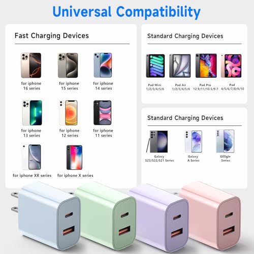 4Pack 20W USB C Charger Block Colorful Dual Port PD Charger & QC 3.0
