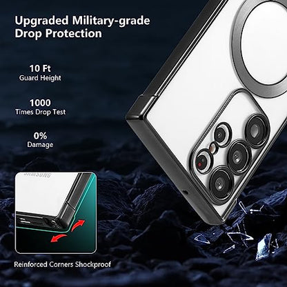 RALEAVO Magnetic Case for Samsung Galaxy S22 Ultra Clear Case Cover [Compatible with Magsafe & Military Grade Drop Protection] Transparent Shockproof Slim Plated Phone Case - Black - color: Black, size: S22 Ultra