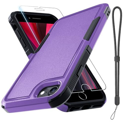 Case for iPhone 8/7/SE 2022 2020, with Screen Protector,Military Grade Heavy Duty Shockproof Phone Cover with Wrist Lanyard Strap for iPhone 8/7/SE 2nd 3rd 4.7 inch,Lavender | with Screen Protector+Wrist Lanyard Strap,Heavy Duty Shockproof Case for iPhone