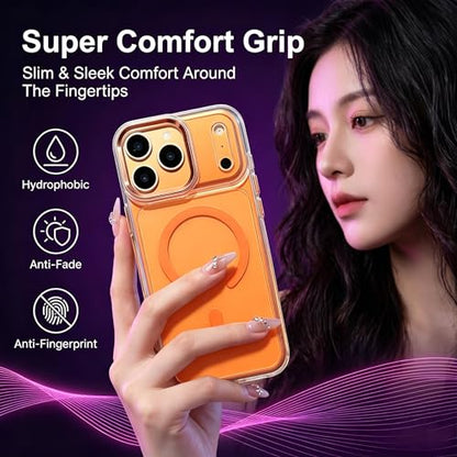 for iPhone 17 Pro Max Clear Case with Electroplated Camera Ring & Buttons, MagSafe Compatible, Military-Grade Shockproof, Anti-Yellowing Slim Transparent Cover - color: Orange