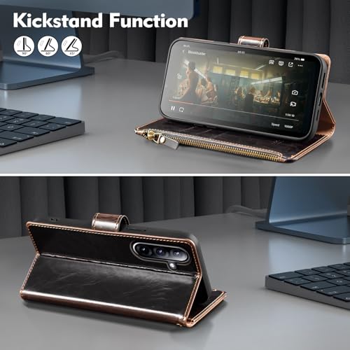 Shieldtop Compatible with Samsung Galaxy A37 5G Wallet Case with Card Holder,PU Leather Phone Case Flip Protective Cover Wrist Strap Zipper Credit Card Slots RFID Blocking Women Men,Coffee - color: Coffee