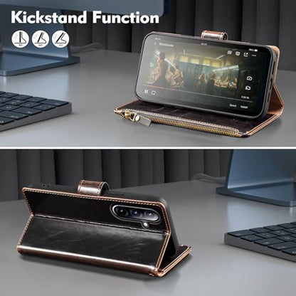 Shieldtop Compatible with Samsung Galaxy A37 5G Wallet Case with Card Holder,PU Leather Phone Case Flip Protective Cover Wrist Strap Zipper Credit Card Slots RFID Blocking Women Men,Coffee - color: Coffee