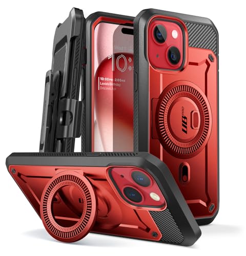 SUPCASE for iPhone 15 Case (6.1 inch), Compatible with MagSafe, Ruddy | Built-in Kickstand, 360° Rotating Belt Clip,Screen Protector, Rugged Case for iPhone 14/13,Mil-Grade Protection, UB Pro Mag - color: Red