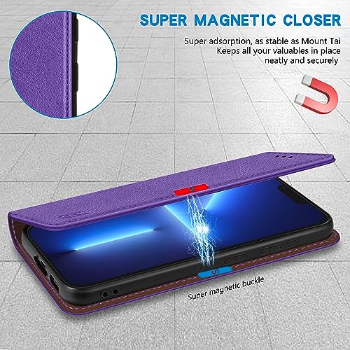 ZZXX iPhone 13 Pro 6.1 inch Cellular Phone Case, Wallet with RFID Blocking, Card Slot, Magnetic Leather Flip Protective Cover (Purple) - color: Purple, size: iPhone 13 Pro