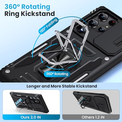 for Samsung Galaxy S22 Ultra Case with 2 PCS HD Screen Protector, Military Grade Drop Protection Metal 360 ° Rotating Ring Kickstand Slide Camera Cover, Shockproof for Galaxy S22 Ultra Case, Black | 2 PCS HD Screen Protector, Magnetic Metal 360 ° Rotating
