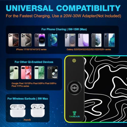 TARKARI 15W Magnetic Wireless Charging RGB Mouse Pad, 800x300mm Topographic - color: Black White