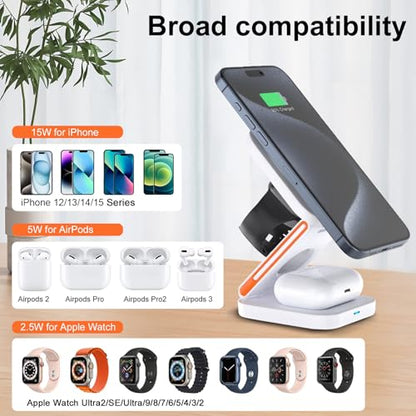 Upgrated 3 in 1 Wireless Charging Station Foldable Fast Wireless Charger Magnetic Charging Stand for iPhone 16 15 14 13 12 Pro Max for Apple Watch 9 8 7 6 5 4 3 2 for AirPods 3 2 Pro (White) - color: White