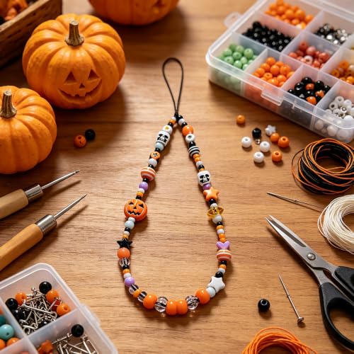 Cute Beaded Camera Wrist Strap for Phone, Digital Camera Charm Lanyard, Pearl Beaded Chain for Bag Keychain Gift - color: Halloween