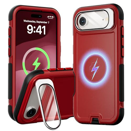 Follaroma Magnetic for iPhone 17 Air Case with Camera Stand, Red, 6.5" | Built-in Glass Camera Cover,Compatible with MagSafe,Heavy Duty Shockproof Protective,Military-Grade Anti-DropDual Layer Cover - color: Black Red, size: iPhone 17 Air 6.5''