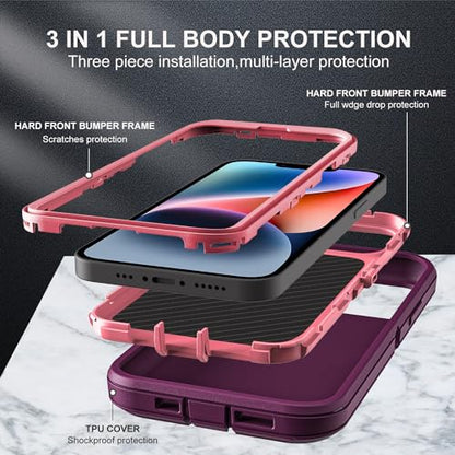 YKHJKLEC iPhone 13/14 Military Grade Case, 3 in 1 Heavy Duty Shockproof/Drop Proof/Dust Proof With 2Pcs Tempered Glass Screen Protector (Purple/Pink) - color: Purple/Pink