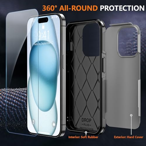 AEDILYS® for Apple Recommend Shockproof iPhone 15 Case,[15 FT Military Grade Drop Protection],with 2X [Kevlar® 9H Glass Screen Protector] (Warship Grey) - color: Warship Grey