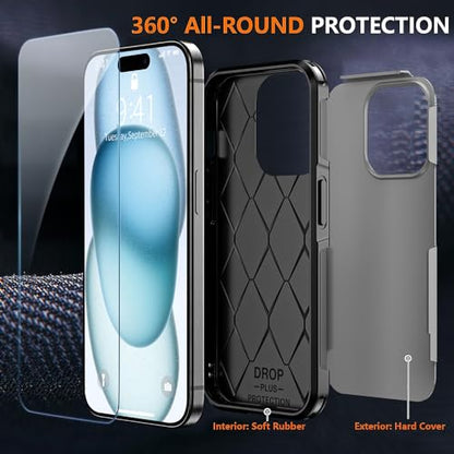 AEDILYS® for Apple Recommend Shockproof iPhone 15 Case,[15 FT Military Grade Drop Protection],with 2X [Kevlar® 9H Glass Screen Protector] (Warship Grey) - color: Warship Grey