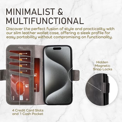 Bayelon Leather Wallet Case for iPhone 15 Pro Max - Flip Cover Card Holder, Folio Case, Kickstand, MagSafe Compatible Wallet RFID Blocking (Smoked Black) - color: Smoked Black, size: iPhone 15 Pro Max