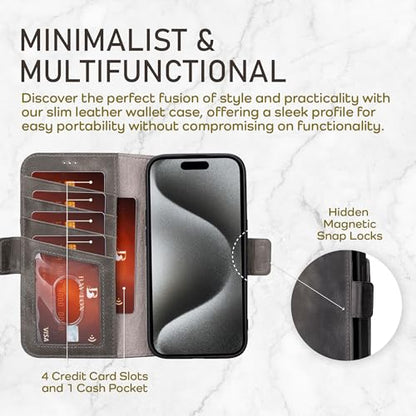 Bayelon Leather Wallet Case for iPhone 15 Pro Max - Flip Cover Card Holder, Folio Case, Kickstand, MagSafe Compatible Wallet RFID Blocking (Smoked Black) - color: Smoked Black, size: iPhone 15 Pro Max