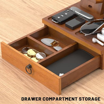 Wood Phone Docking Station, Nightstand Organizer with Drawer - color: Stylish Brown, size: Without charging station