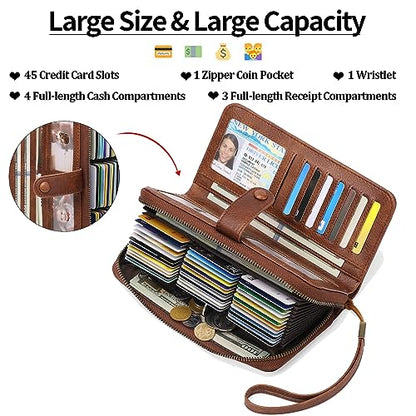 GAEKEAO Leather Credit Card Holder Wallet for Women RFID Blocking Large Capacity Bifold Zipper Card Case Organizer with Wristlet 45 Slots - color: Brown