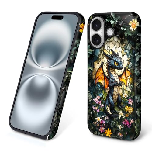 Case for iPhone 16,Drop Protection Hybrid 2-Layer Hard Phone Cover-Stained Glass Black Dragon - color: Stained Glass Black Dragon, size: iPhone 16