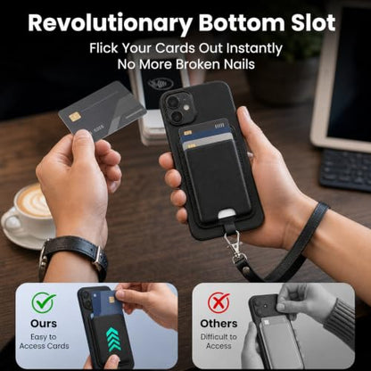 MagSafe Wallet with Wrist Strap, 3 Card Holder with RFID Blocking, MagSafe Sticker Included, Slim Magnetic Phone Wallet for iPhone 17e/17/16/15/14/13/12 Series and Selected Samsung Devices - color: Black