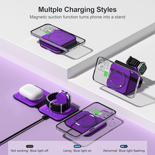 3 in 1 Charging Station for Multple Devices,Foldable 3 in 1 Wireless Charger for Travel,Nano Wireless Charging Station for iPhone16 15 14 13 12 Pro Max/Watch 10 9 8 7 6 5 4 3 Ultra/AirPod Pro - color: Purple