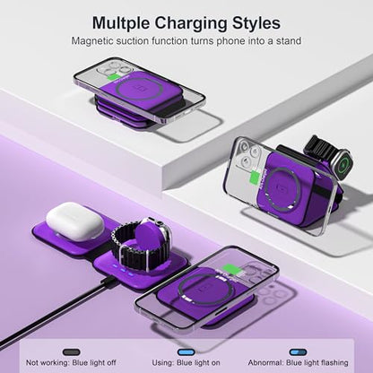 3 in 1 Charging Station for Multple Devices,Foldable 3 in 1 Wireless Charger for Travel,Nano Wireless Charging Station for iPhone16 15 14 13 12 Pro Max/Watch 10 9 8 7 6 5 4 3 Ultra/AirPod Pro - color: Purple