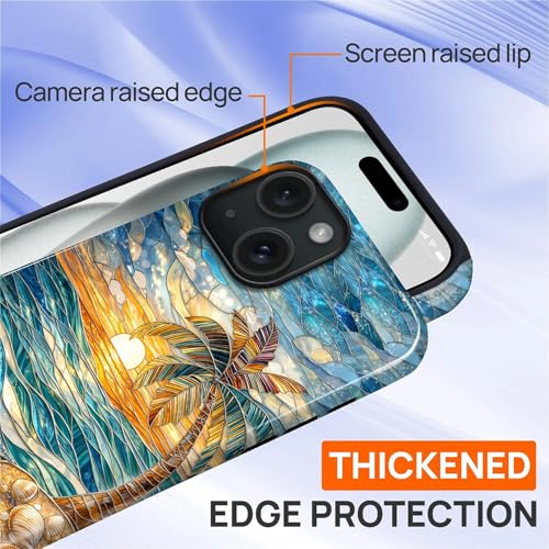 Case for iPhone 15, Dual Layer Phone Cover, Stained Glass Beach Palm | Shockproof Hybrid Phone Case, Soft TPU and Hard PC, Durable Anti-Scratch Protection - color: Stained Glass Beach Palm, size: Iphone 15