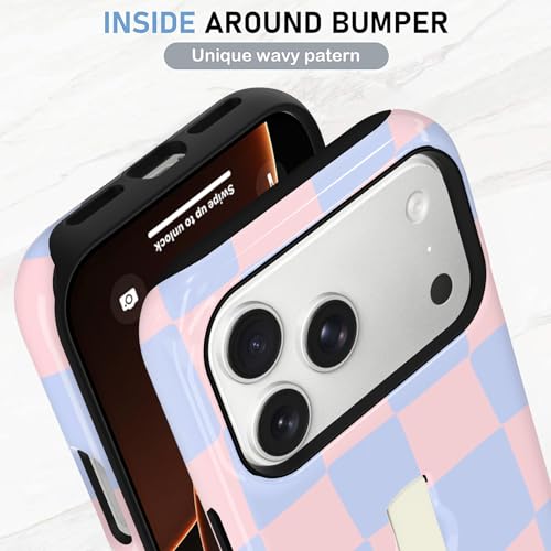 KANGHAR Compatible with iPhone 17 Pro Case Checkered -Pink Blue | Silicone Cute Pattern, Finger Hold Wristband Kickstand Camera Protection Soft Slim Phone Case for Girls Women - color: (Checkered)Pink Blue, size: iPhone 17 Pro