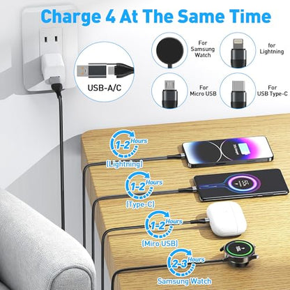 100W 4 in 1 Multi Chargers Cable for Samsung Galaxy Watch 8/7 6/5/4/3, Galaxy w-atch Classic 8/7/6/5/4, 10FT Magnetic Samsung Watch and Phone Charger with Data Transfer for iPhone 15/14/13/ Galaxy S25