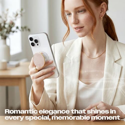 Natural Gemstone Phone Grip Collapsible Cell Phone Holder & Expanding Kickstand, Authentic Oval Crystal with Gold Edge (Rose Quartz, Adheisve Base) - color: Rose quartz