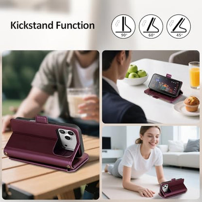 Antsturdy Compatible with MagSafe iPhone 17 Pro Wallet Case,Wine Red | Detachable Magnetic Credit Card Holder,RFID Blocking,PU Leather Zipper Purse,Wrist Strap Kickstand,Flip Phone Cover for Women - color: (Detachable with Magsafe)-Wine Red