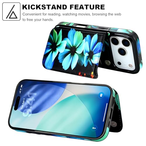 HAOPINSH Wallet Case with Card Holder for iPhone 17 Pro, Blue Florals Pattern Back Flip Folio PU Leather Kickstand Card Slots Case, Double Magnetic Clasp Shockproof Cover 6.3" - color: Blue Florals