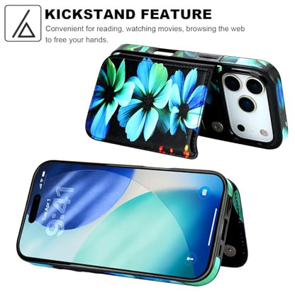 HAOPINSH Wallet Case with Card Holder for iPhone 17 Pro, Blue Florals Pattern Back Flip Folio PU Leather Kickstand Card Slots Case, Double Magnetic Clasp Shockproof Cover 6.3" - color: Blue Florals