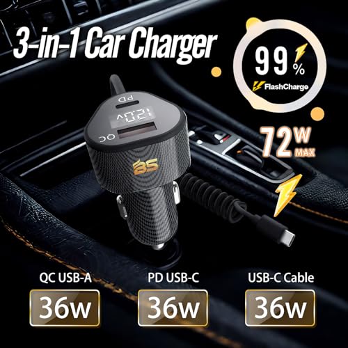 72W Car Charger for iPhone 17 16 15 Pro Max, 3 in 1 Car Charger USB C Fast Charge with Retractable Coiled Cable, Cigarette Lighter Adapter with Voltage Display for Samsung S25 S24 & Google Pixel