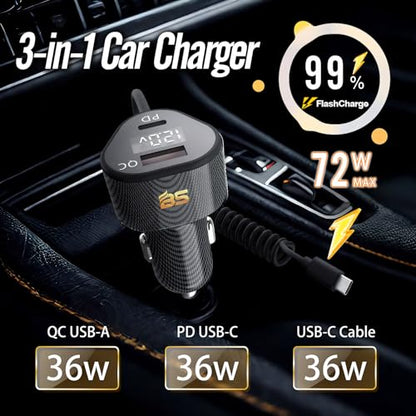 72W Car Charger for iPhone 17 16 15 Pro Max, 3 in 1 Car Charger USB C Fast Charge with Retractable Coiled Cable, Cigarette Lighter Adapter with Voltage Display for Samsung S25 S24 & Google Pixel