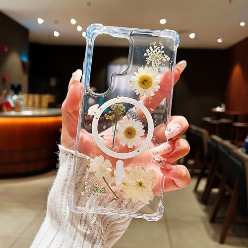 Compatible with Samsung Galaxy S23 Ultra Case,Compatible with MagSafe,Cute Pressed Dried Flowers Design Women Girly Shockproof Floral Clear Magnetic Case for Galaxy S23 Ultra (White) | Cute Pressed Dried White Flowers Design Women Girly Shockproof Floral