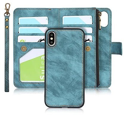 iCoverCase for iPhone X/XS Wallet Case with Card Holder and Wrist Strap, PU Leather Kickstand Card Slots Zipper Pocket Magnetic [Detachable] Flip Cover Case 5.8 Inch (Blue) - color: Blue