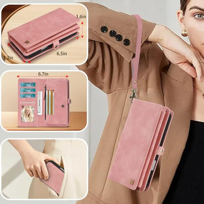 for Wallet Case Compatible with iPhone 17 Air,Multi-Function Detachable 2 in 1 Magnetic iPhone 17 Air Case Wallet,Flip Strap Zipper Card Holder Phone Case with Shoulder Straps (Pink) - color: Pink, size: iPhone 17Air