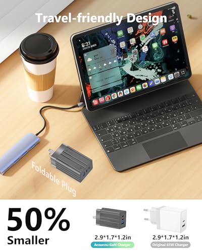 65W GaN Fast Charger, 3-Port USB C Power Adapter with 6ft USB C Cable - color: Gray