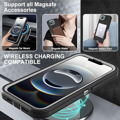 YKHJKLEC for iPhone 16e Case, Compatible with Magsafe, Military Grade 3 in 1 Heavy Duty Shockproof/Drop Proof/Dust Proof Case with 2Pcs Tempered Glass Screen Protector (New-Black/Grey) - color: New-Black/Grey