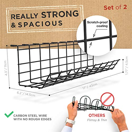 Scanfield Under Desk Cable Organizer Wire Tray, Set of 2x17 inch, Black - color: Steel Black, size: 17in (2-Pack)