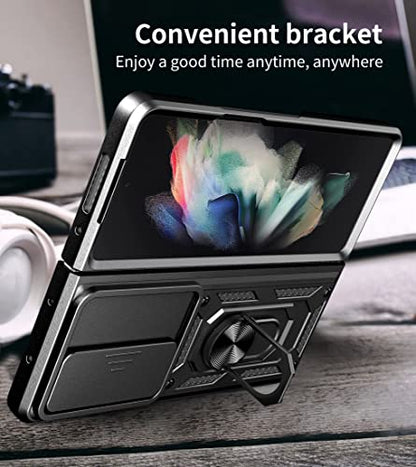 RKINC Case for Samsung Galaxy Z Fold 4 Case with Slide Camera Cover & Rotated Ring Kickstand Military Grade Shockproof with Magnetic Car Mount Holder Cover, Black - color: Black, size: Samsung Z Fold 4