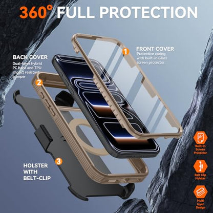 Magnetic for iPhone 17 Pro Case, Compatible with MagSafe, Full Body Rugged Case with Built-in Screen Protector & Kickstand & Belt-Clip (Gold) - color: Gold