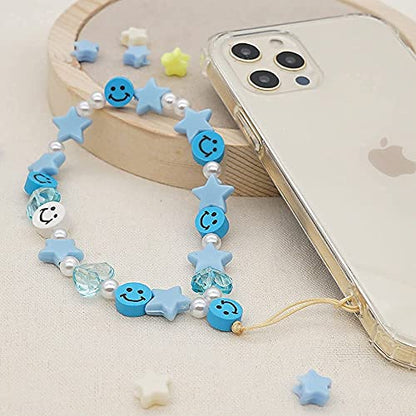 LUSTEMBER Cute Beaded Phone Charm, Smiley Face Wrist Strap, Colorful Handmade Polymer Clay and Pearl Chain - color: Blue