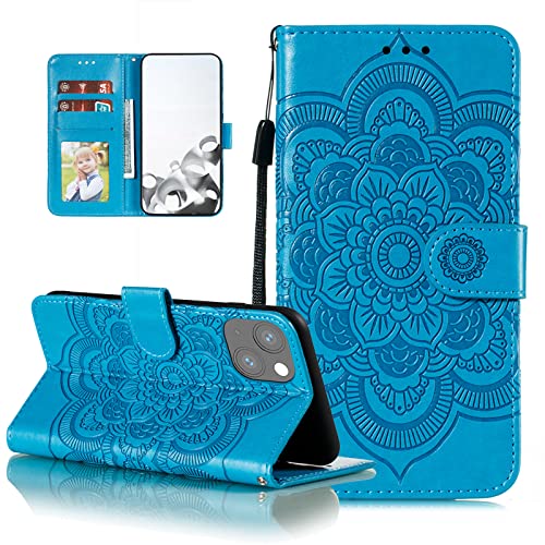 EYZUTAK Case for iPhone 14 Plus, Premium PU Leather Magnetic Flip Wallet Case with Card Holder Cash Slot Lanyard Strap Kickstand Function Embossed Mandala Flower Pattern Shockproof Cover - Blue - color: Blue, size: iPhone 14 Plus