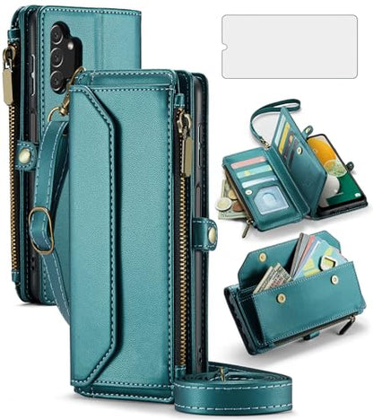 Asuwish Phone Case for Samsung Galaxy A13 4G/5G Zipper Wallet Cover with Tempered Glass Screen Protector and Leather Flip RFID Blocking Card Holder Cell A04s M13 G5 A 13 LTE 13A 2022 Women Girls Green - color: Green