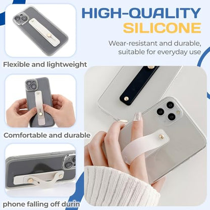 2 Pack Silicone Phone Grips with Stand, Universal Finger Loop Holder for Back of Phone, Slim Durable Adhesive Phone Strap for iPhone Samsung Android Smartphones (White + Clear)