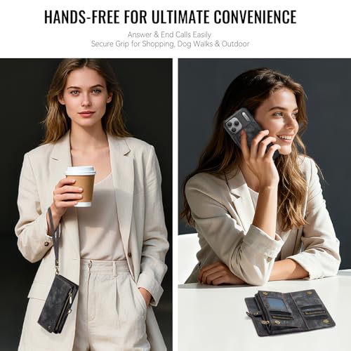 Compatible with iPhone 17 Pro Wallet Case with Magsafe,Black | Magnetic Detachable Case,Card Holder,Zipper Pocket,Strap Wristlet, Soft Leather Drop-Proof Phone Case for iPhone 17 Pro 6.3" - color: (Detachable and Magsafe)-Black, size: iPhone 17 Pro 6.3 In