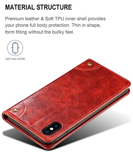 SINIANL iPhone Xs Case, iPhone X Case, Leather Wallet Folio Case Book Design Flip Cover with Stand and ID Credit Card Slot Magnetic Closure for iPhone Xs/X - color: Red, size: iPhone X / XS (5.8 inch)